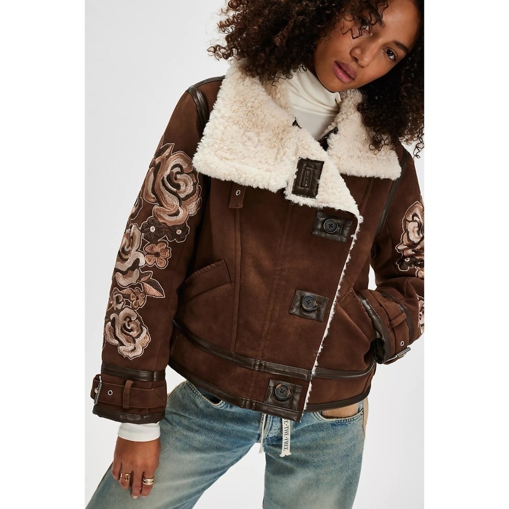 Free People Andies Vegan Moto Jacket Embroidered Floral Brown Bear Small NWT